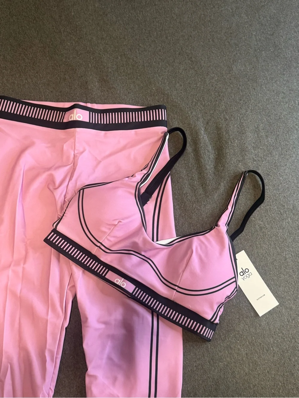 ALO Yoga Pink & Black Trim Sports Bra and Leggings Set